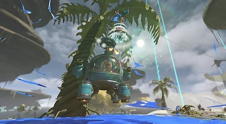 The player bouncing off the Exploration Bot to reach a high ledge