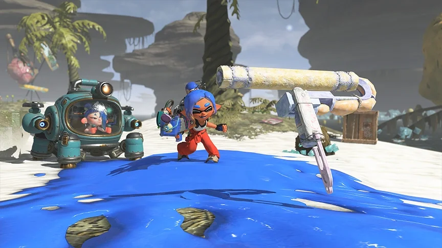 Splatoon Raiders gameplay: the Mechanic exploring an island beach with the Exploration Bot
