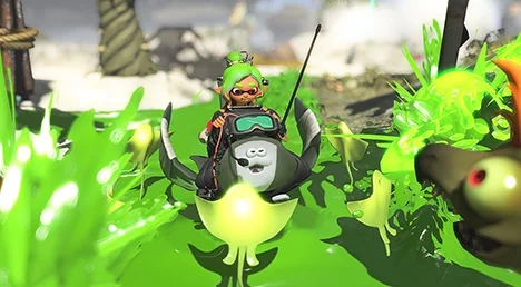 Big Man's Showstopper: the player rides on his back throwing ink at surrounding Salmonids