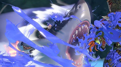 Shiver's Showstopper: she rides a shark charging through Salmonids in a straight line